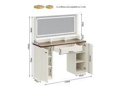 Penteadeira, Grande Espelho LED com Brilho Ajustável, 1 Gaveta e 2 Portas, 2 Tomadas AC e 2 Portas USB, Marrom Chocolate, 110x40x135cm
