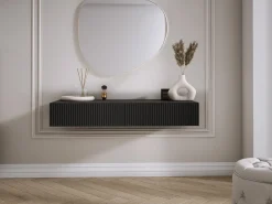 Penteadeira suspensa com duas gavetas, frente canelada - Cor: Preto, 100 x 40 x 16 cm