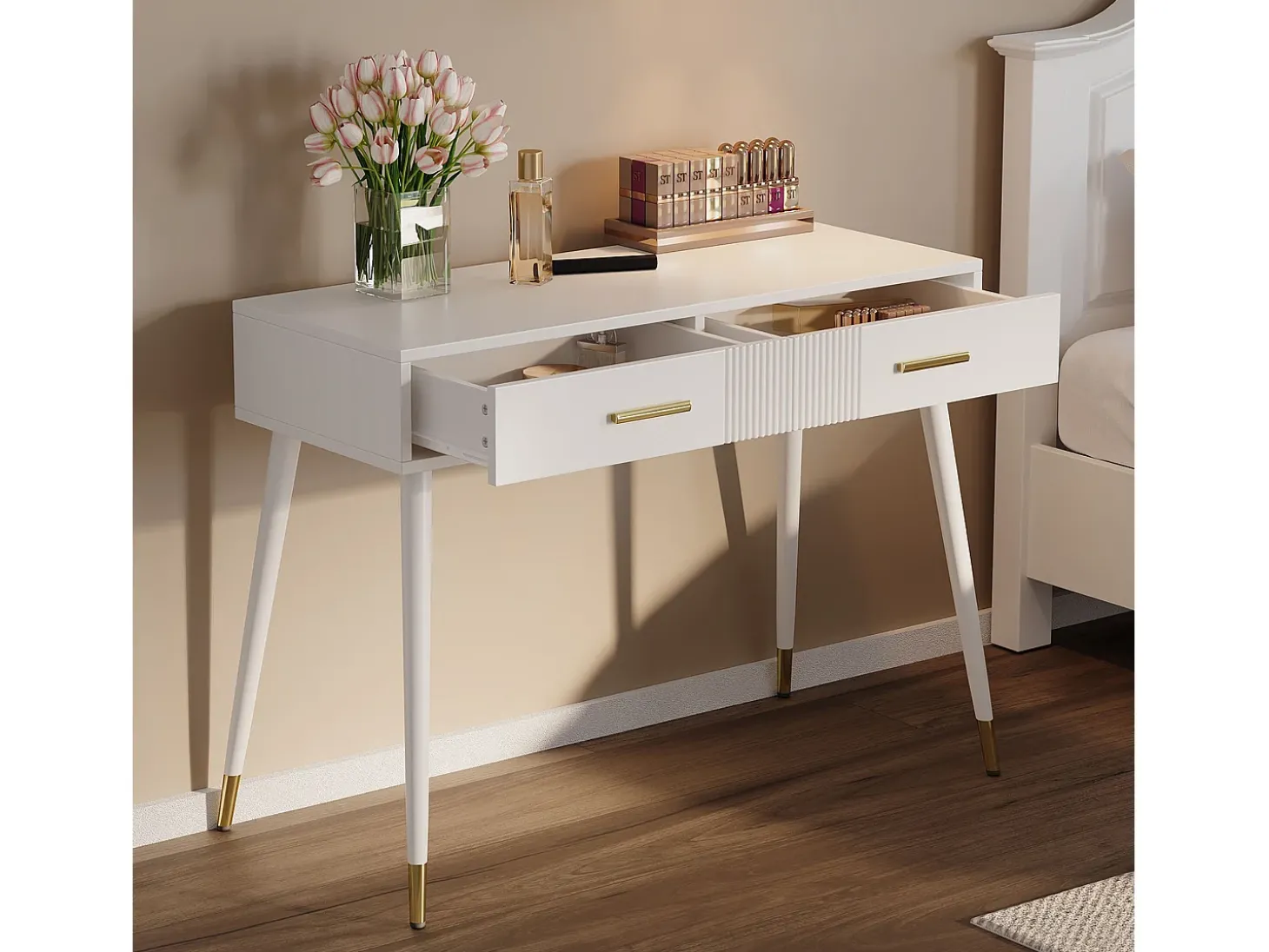 Penteadeira 100x40x76 cm - com 2 gavetas - pernas de metal - branco (sem espelho)