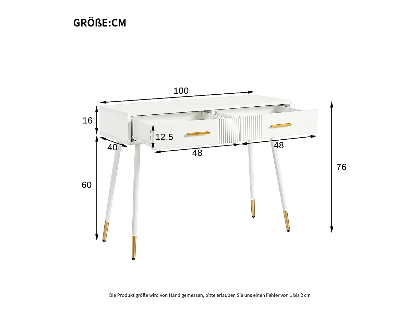 Penteadeira 100x40x76 cm - com 2 gavetas - pernas de metal - branco (sem espelho)