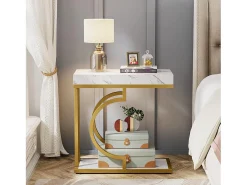 Pequena mesa estreita em ouro branco - Mesa auxiliar em formato de C - Mesa de luz moderna