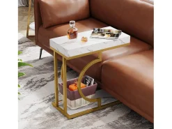 Pequena mesa estreita em ouro branco - Mesa auxiliar em formato de C - Mesa de luz moderna