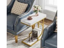 Pequena mesa estreita em ouro branco - Mesa auxiliar em formato de C - Mesa de luz moderna