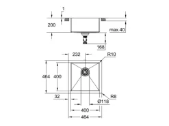 Pia de cozinha em aço inoxidável K700 GROHE - Instalação Rápida - Qualidade AISI 304 - 46,4x46,4 cm - Sem Escorredor
