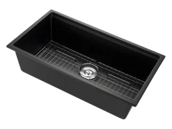 Pia de Cozinha SucceBuy Moderna em Granito de 83,8 cm, Pia Subtopo com Cuba Única Grande, Bacia de Lavar com Múltiplos Acessórios, Limpeza Fácil