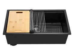 Pia de Cozinha SucceBuy Moderna em Granito de 76,2 cm, Pia Subtopo com Cuba Única Grande, Bacia de Lavar com Múltiplos Acessórios, Limpeza Fácil