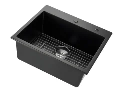 Pia de Cozinha SucceBuy Moderna em Granito de 63,5 cm, Pia de Sobpor com Cuba Única Grande, Bacia Lavável Embutível com Múltiplos Acessórios