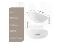 Pia do Banheiro SucceBuy Lavatório de Cerâmica Oval de 60 × 36 cm - Moderno, Durável e Elegante, Branco