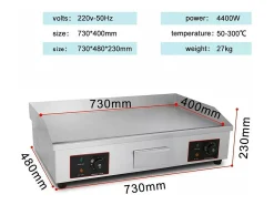Placa de grade elétrica de 4400W, com bandeja de coleta de óleo, 2 zonas, 300 ° C, 73x48x23cm