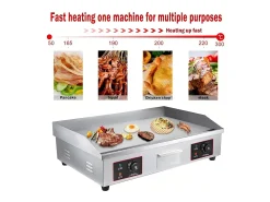 Placa de grade elétrica de 4400W, com bandeja de coleta de óleo, 2 zonas, 300 ° C, 73x48x23cm