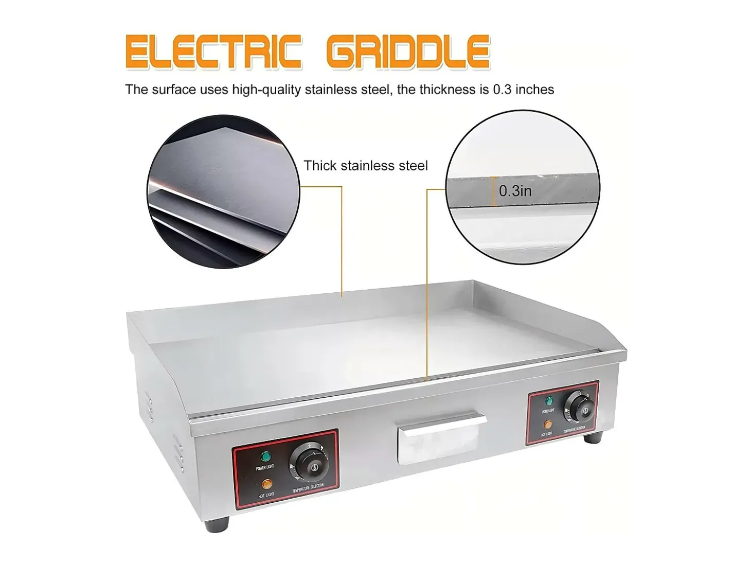 Placa de grade elétrica de 4400W, com bandeja de coleta de óleo, 2 zonas, 300 ° C, 73x48x23cm