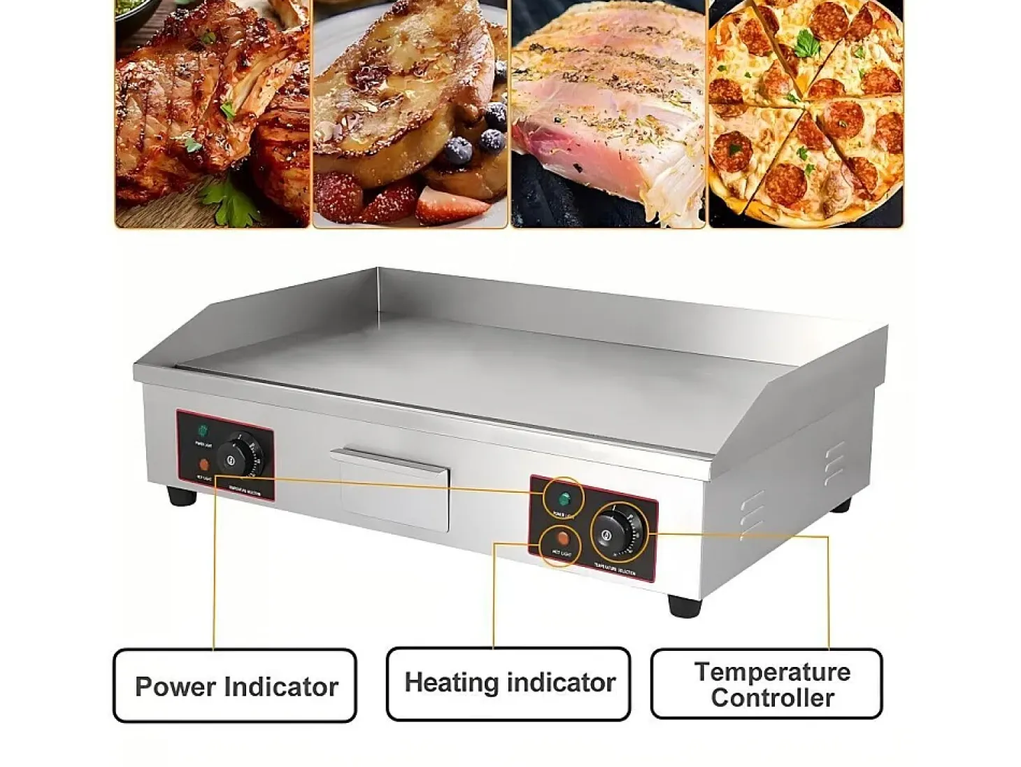 Placa de grade elétrica de 4400W, com bandeja de coleta de óleo, 2 zonas, 300 ° C, 73x48x23cm
