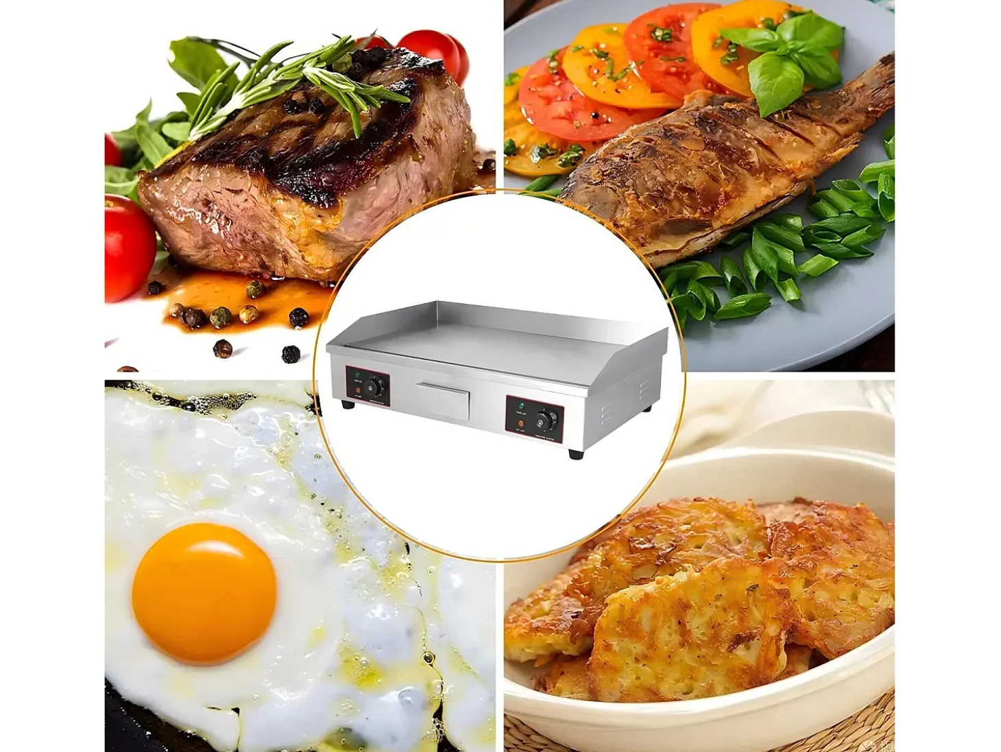Placa de grade elétrica de 4400W, com bandeja de coleta de óleo, 2 zonas, 300 ° C, 73x48x23cm
