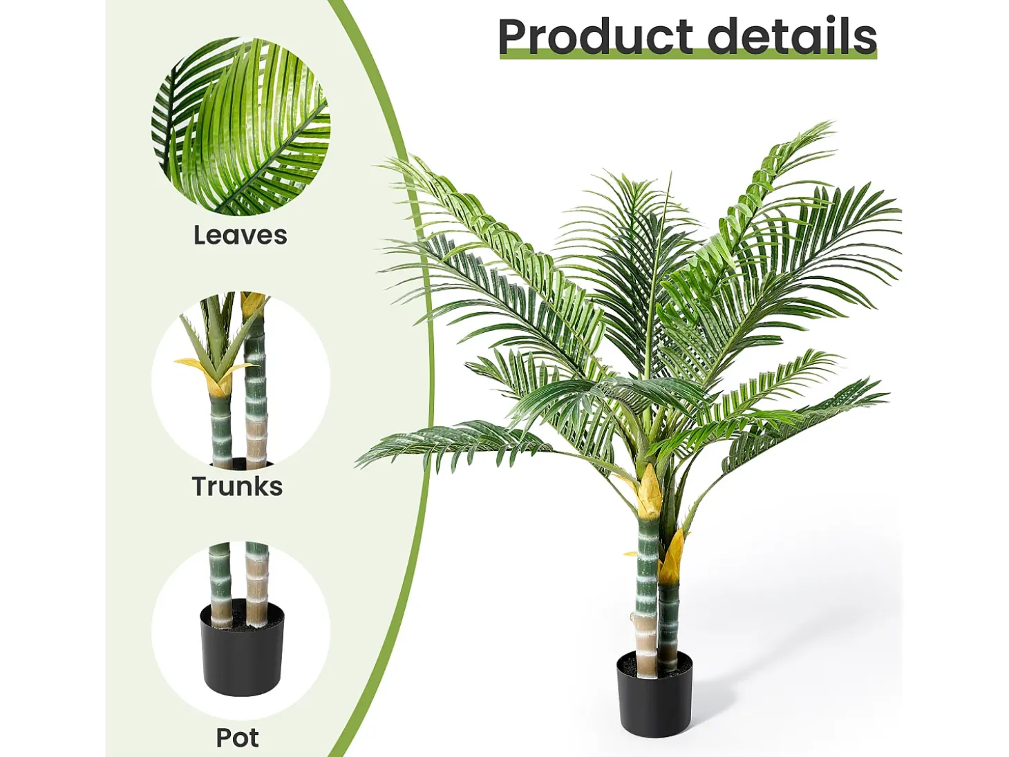 Planta verde artificial - palmeira na panela H 120 cm - palmeira muito realista - 2 tronco e 15 folhas - com pote