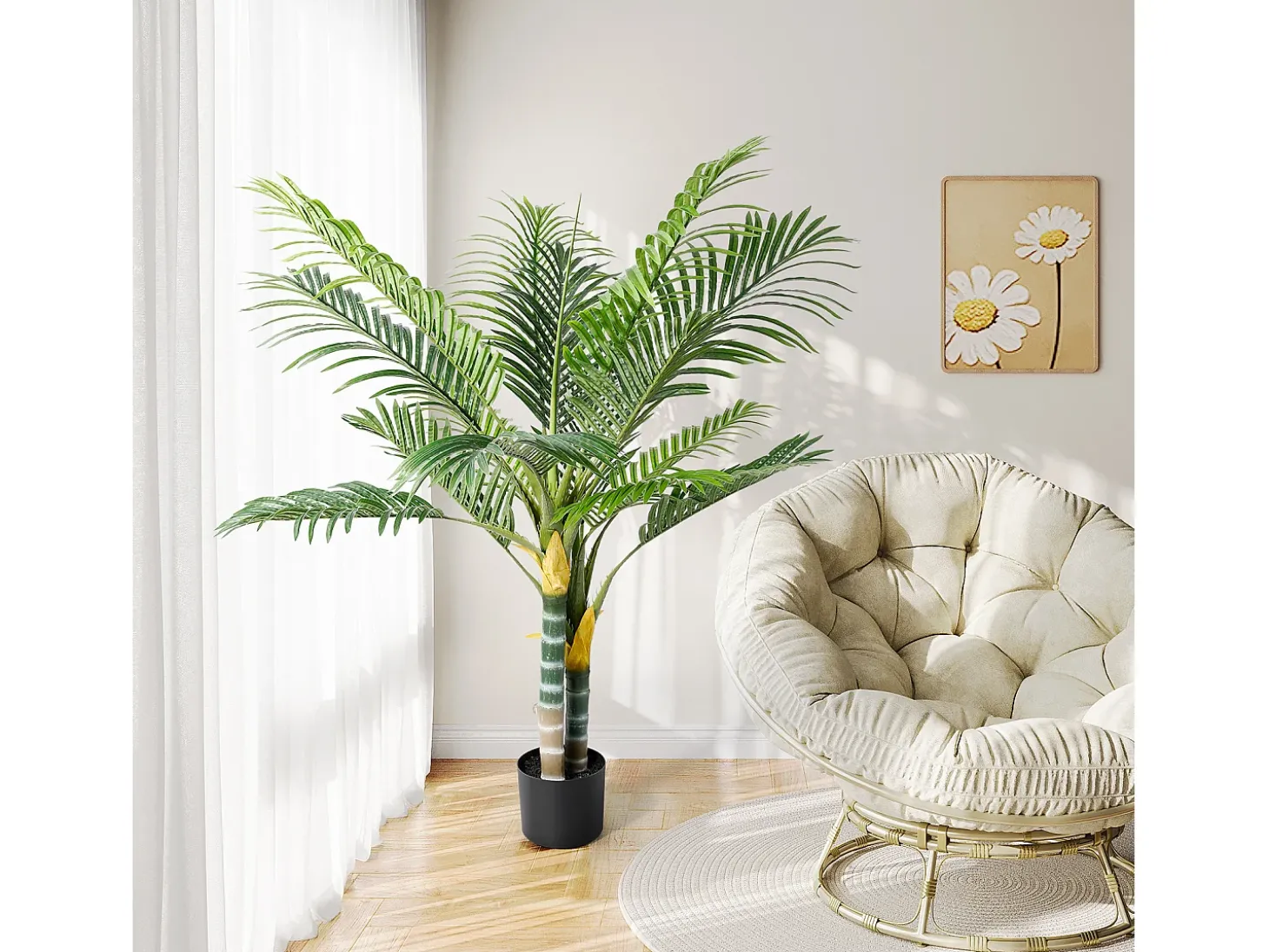 Planta verde artificial - palmeira na panela H 120 cm - palmeira muito realista - 2 tronco e 15 folhas - com pote