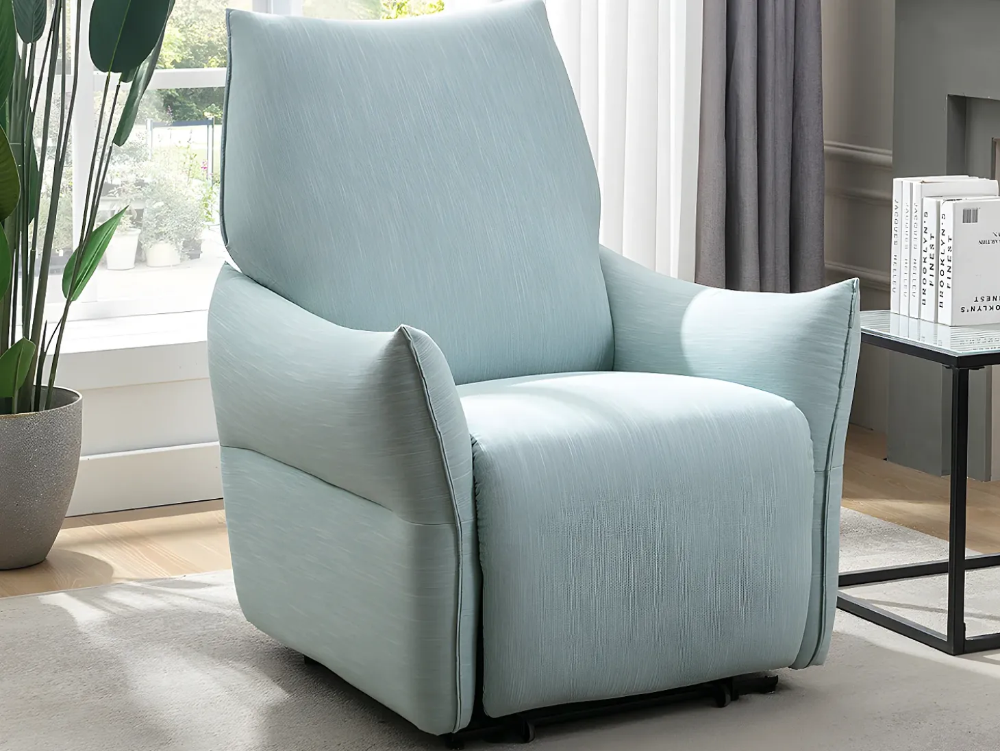 Poltrona articulada elétrica em tecido azul-claro estilo contemporâneo MODOC