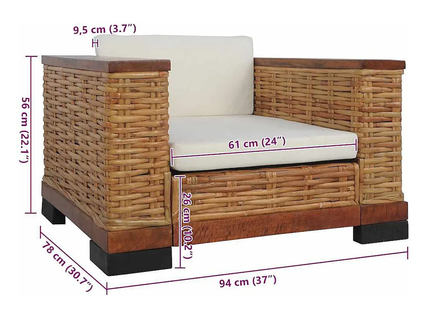 Poltrona com almofadões em vime natural castanho