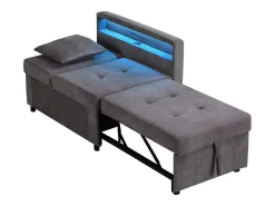 Poltrona convertível com LED, USB, Type-C e suporte lombar - Sofá-cama multifunções - Tecido de linho cinzento escuro