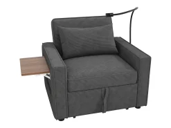 Poltrona convertível em bombazine cinzento - Sofá individual com mesa de apoio e portas USB/Tipo-C