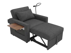 Poltrona convertível em bombazine cinzento - Sofá individual com mesa de apoio e portas USB/Tipo-C