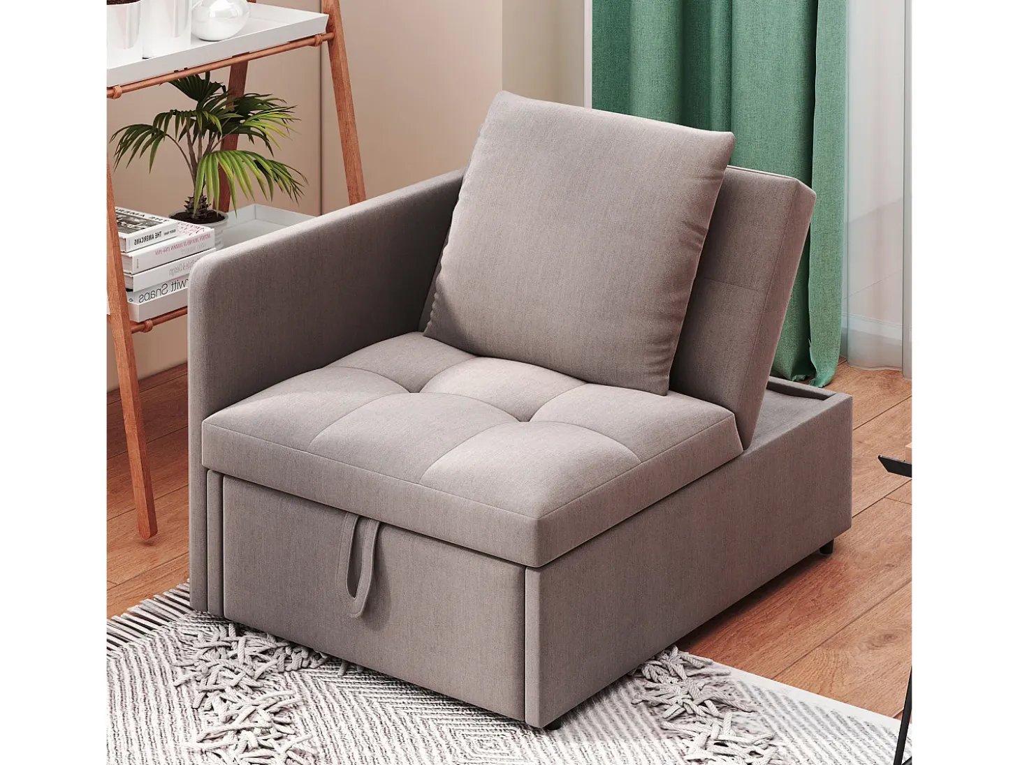Poltrona convertível em sofá-cama - Encosto ajustável - Tecido de linho cinzento