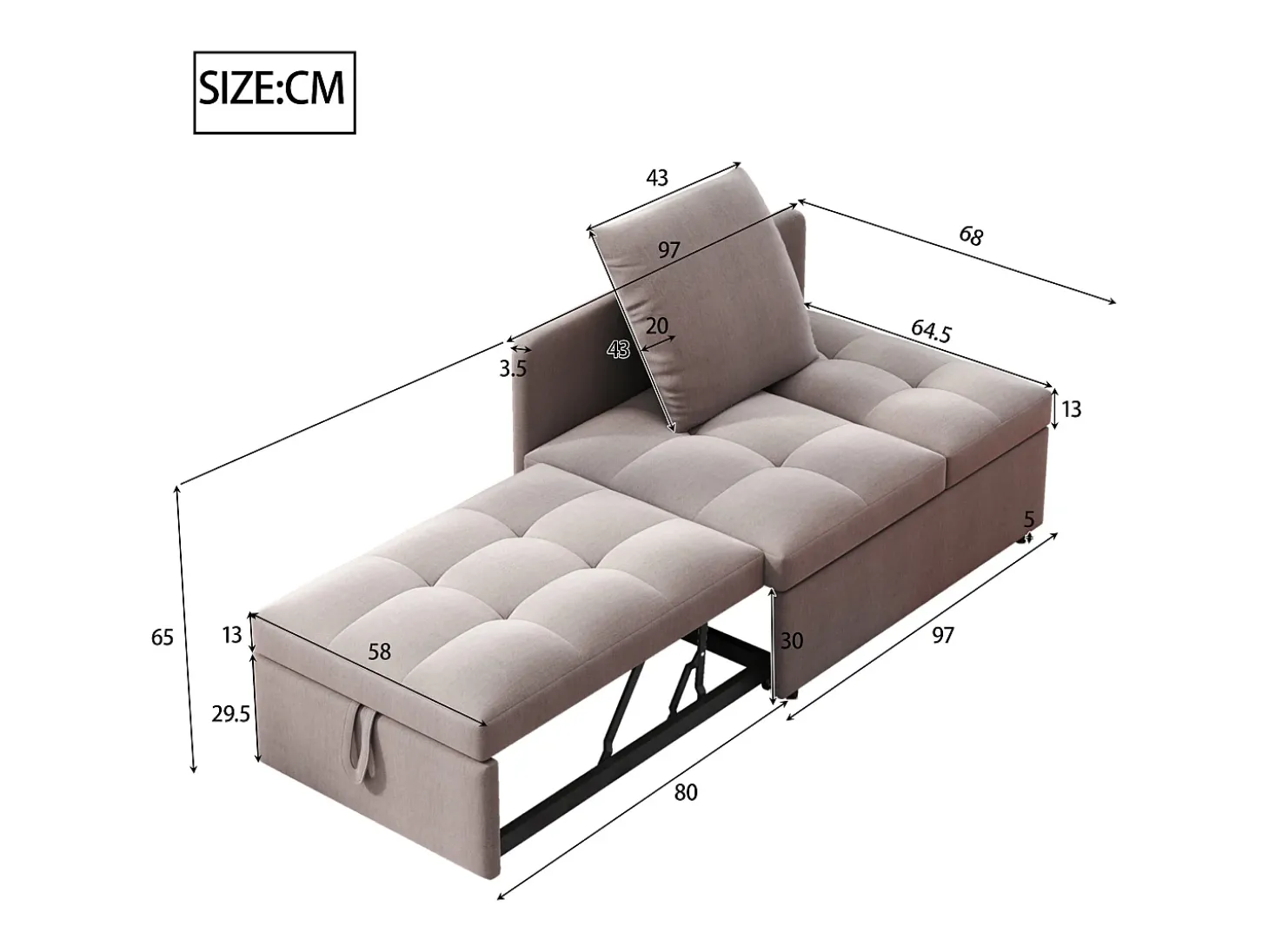 Poltrona convertível em sofá-cama - Encosto ajustável - Tecido de linho cinzento