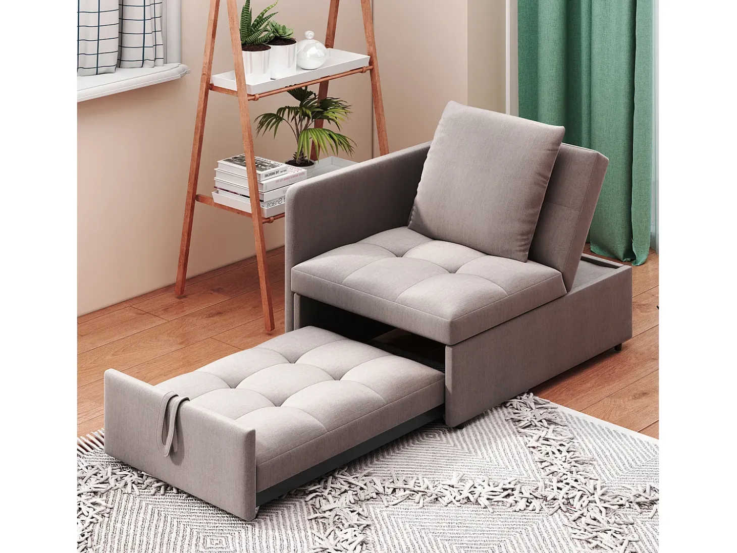 Poltrona convertível em sofá-cama - Encosto ajustável - Tecido de linho cinzento