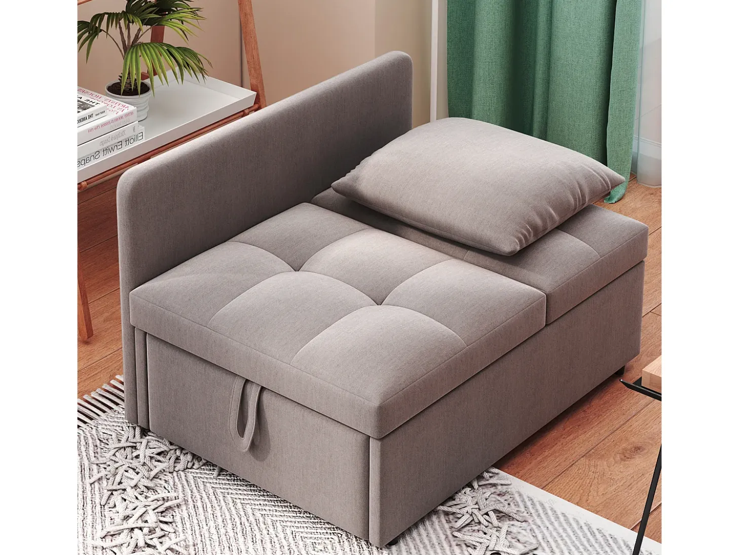 Poltrona convertível em sofá-cama - Encosto ajustável - Tecido de linho cinzento