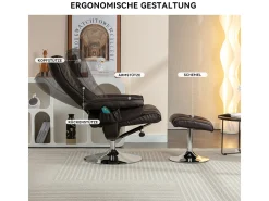 Poltrona de massagem com estofamento em PU, pufe e apoio para os pés com massageador de 5 pontos para uso doméstico.