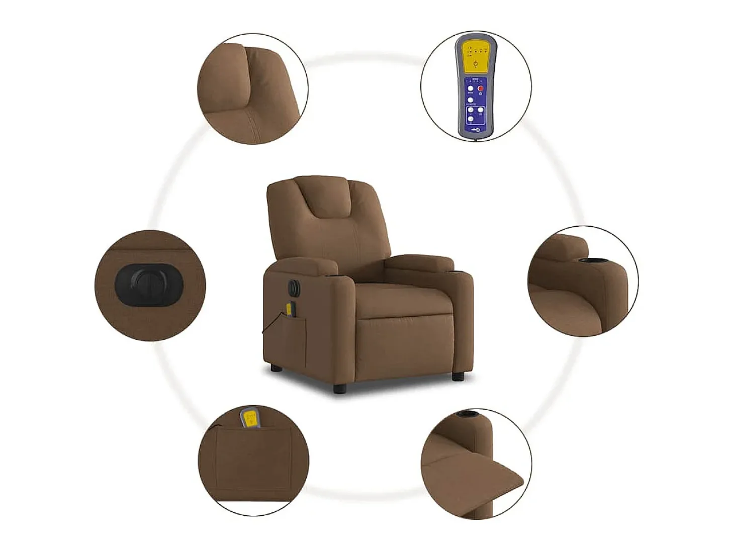 Poltrona de massagens reclinável elétrica tecido castanho