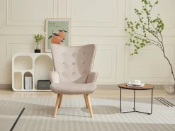 Poltrona em veludo bege capitonê, estilo escandinavo - VATELY