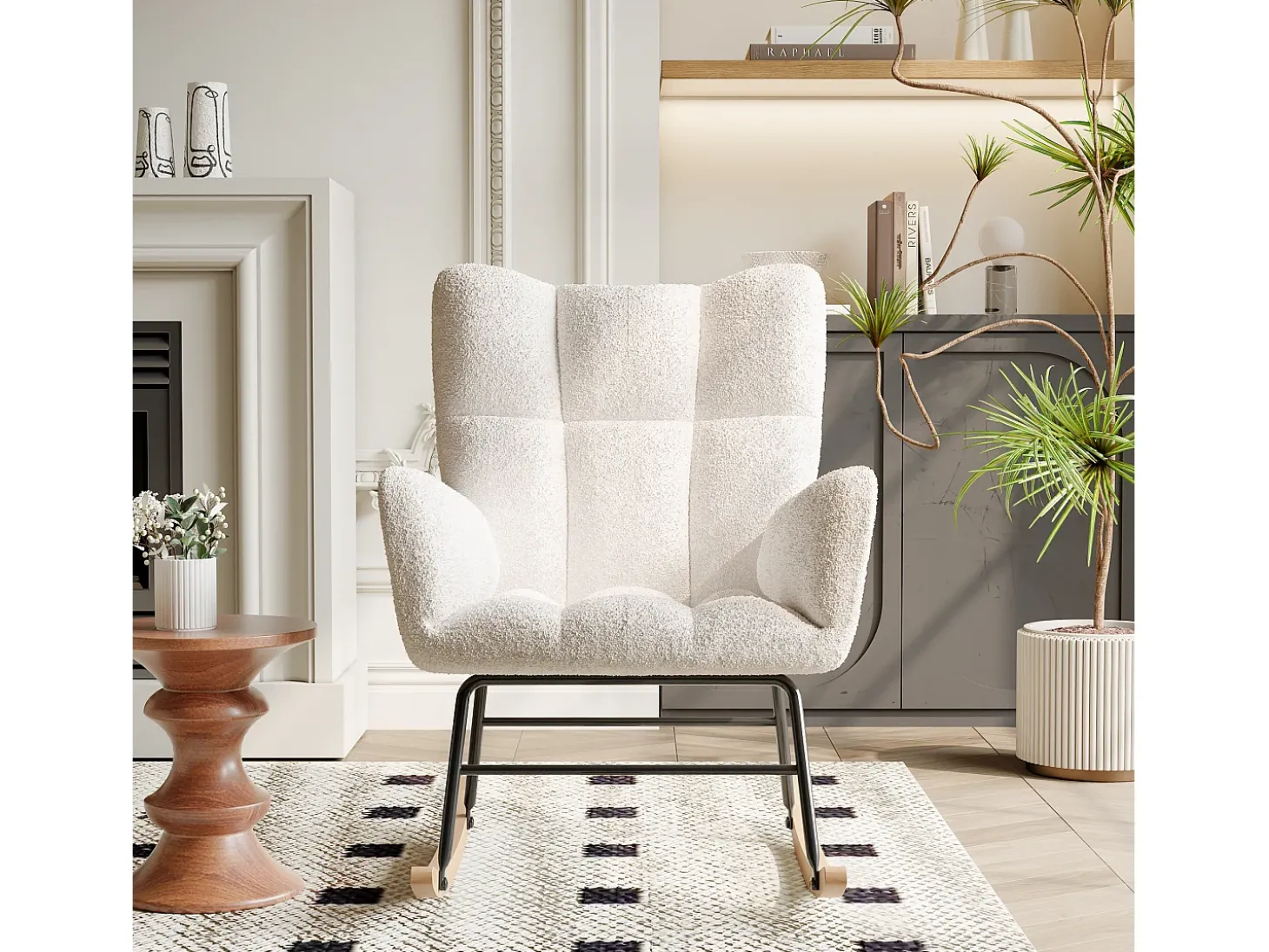Poltrona estofada com estampa xadrez suave, ideal para sala de estar e quarto, com função de balanço e capacidade de peso de 120 kg, na cor bege.