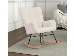 Poltrona estofada com estampa xadrez suave, ideal para sala de estar e quarto, com função de balanço e capacidade de peso de 120 kg, na cor bege.