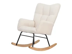 Poltrona estofada com estampa xadrez suave, ideal para sala de estar e quarto, com função de balanço e capacidade de peso de 120 kg, na cor bege.