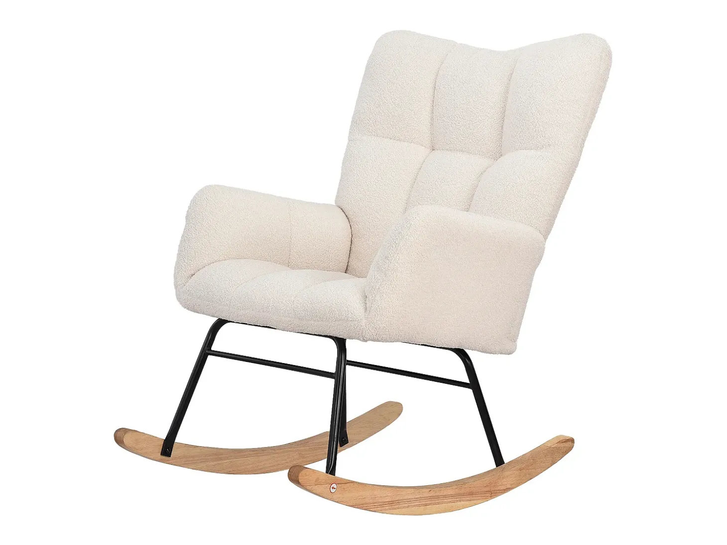 Poltrona estofada com estampa xadrez suave, ideal para sala de estar e quarto, com função de balanço e capacidade de peso de 120 kg, na cor bege.