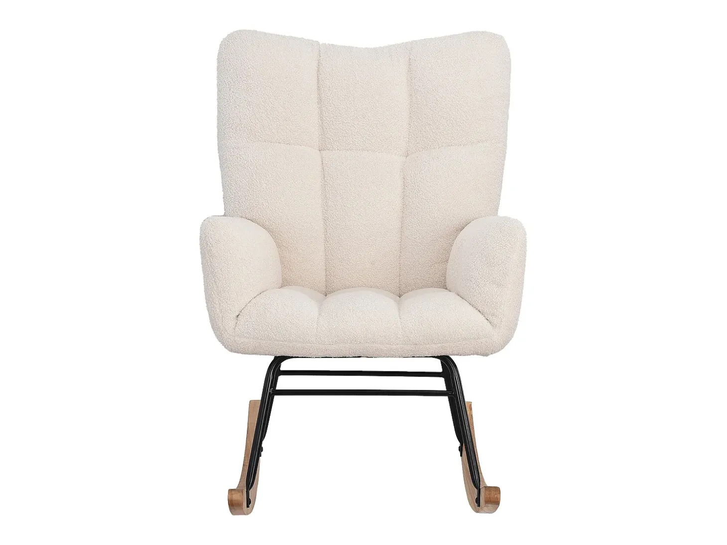 Poltrona estofada com estampa xadrez suave, ideal para sala de estar e quarto, com função de balanço e capacidade de peso de 120 kg, na cor bege.