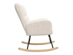 Poltrona estofada com estampa xadrez suave, ideal para sala de estar e quarto, com função de balanço e capacidade de peso de 120 kg, na cor bege.