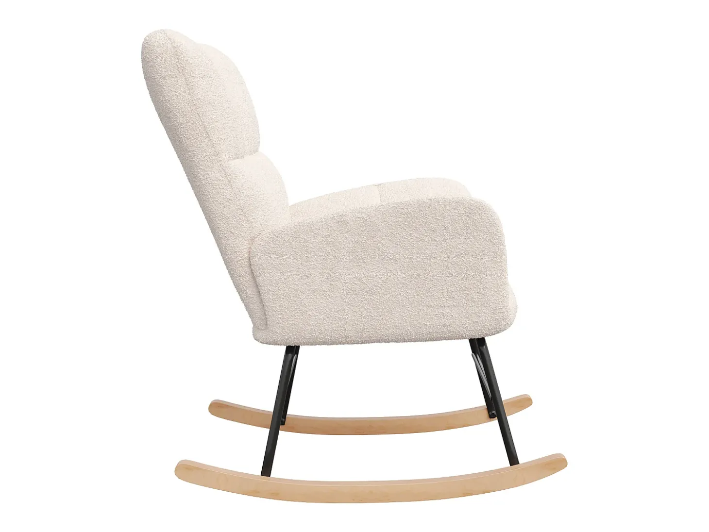 Poltrona estofada com estampa xadrez suave, ideal para sala de estar e quarto, com função de balanço e capacidade de peso de 120 kg, na cor bege.