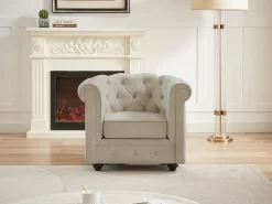Poltrona fixa em veludo de cor bege - CHESTERFIELD