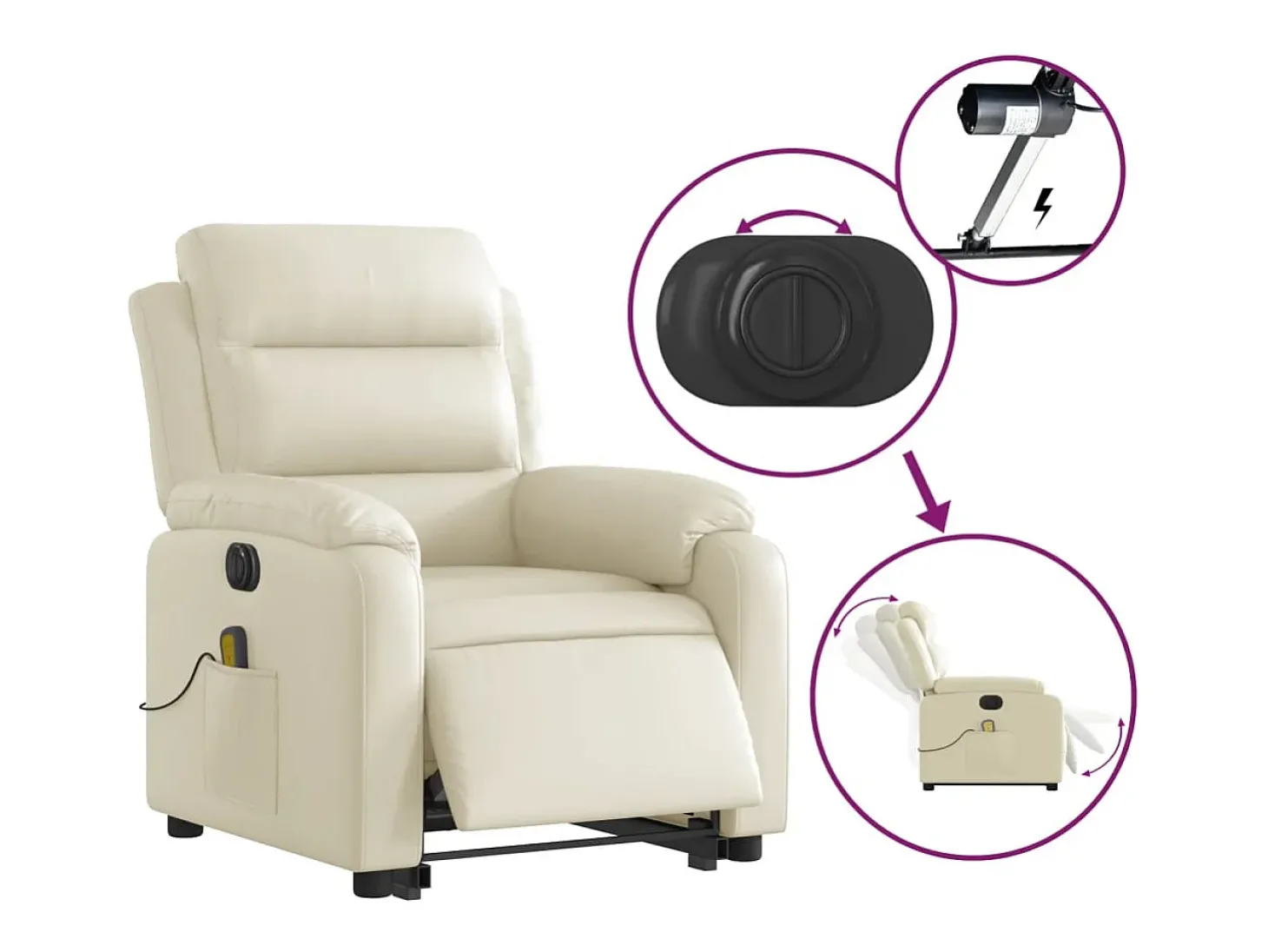 Poltrona reclinável elevatória elétrica couro artificial creme