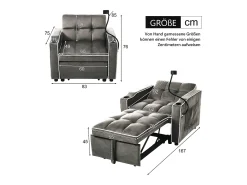 Poltrona retrátil em veludo - com suporte para copos + suporte para telemóvel - Cinza