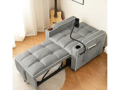 Poltrona retrátil em veludo - com suporte para copos + suporte para telemóvel - Cinza claro