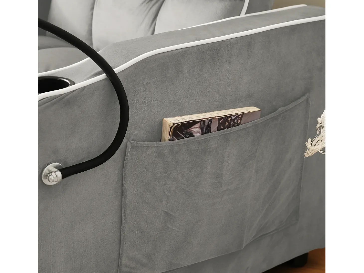 Poltrona retrátil em veludo - com suporte para copos + suporte para telemóvel - Cinza claro