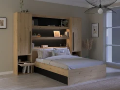 Ponte de cama com espaço de arrumação e LEDs natural e preto - VARLY