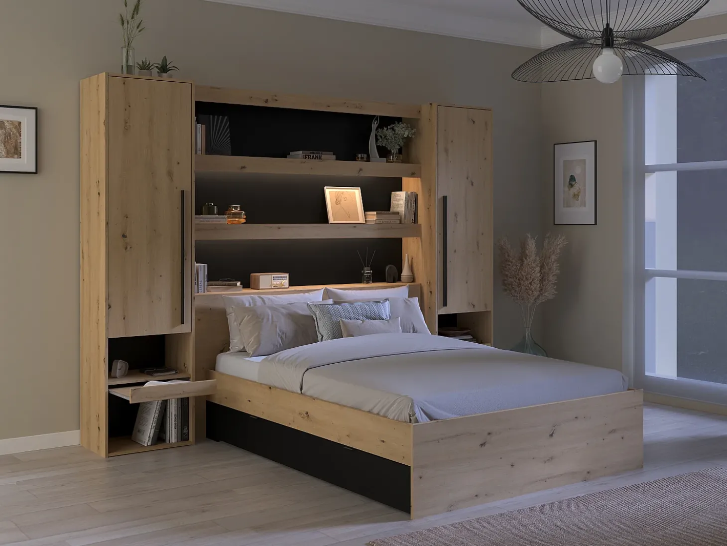 Ponte de cama com espaço de arrumação e LEDs natural e preto - VARLY
