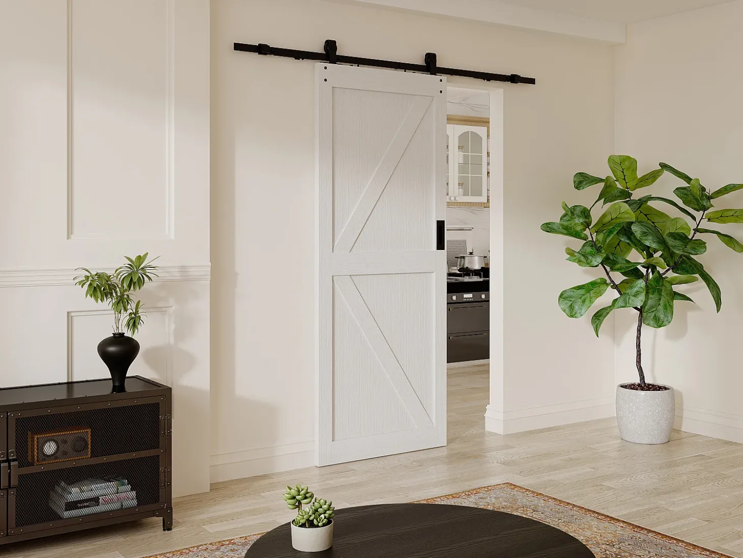 Porta de correr com sistema em aplique, madeira e MDF branco, A205 x C83 cm - NEFARA