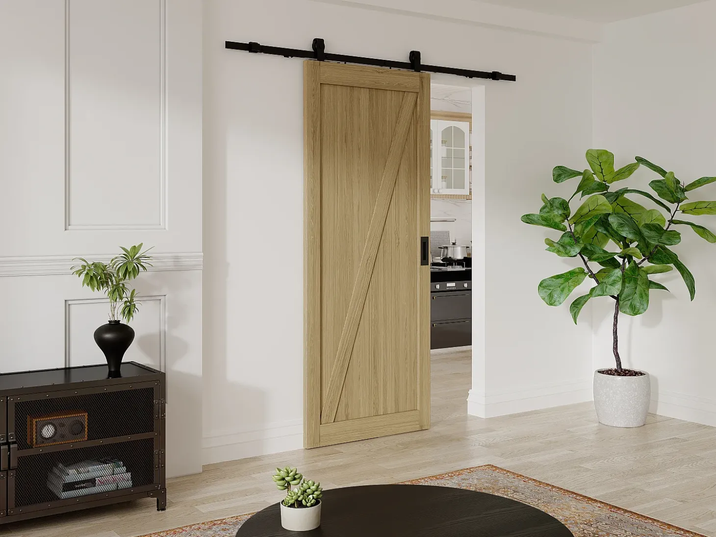 Porta de correr com trilho em madeira, MDF natural claro rústico A205xC63 cm - BALERMA