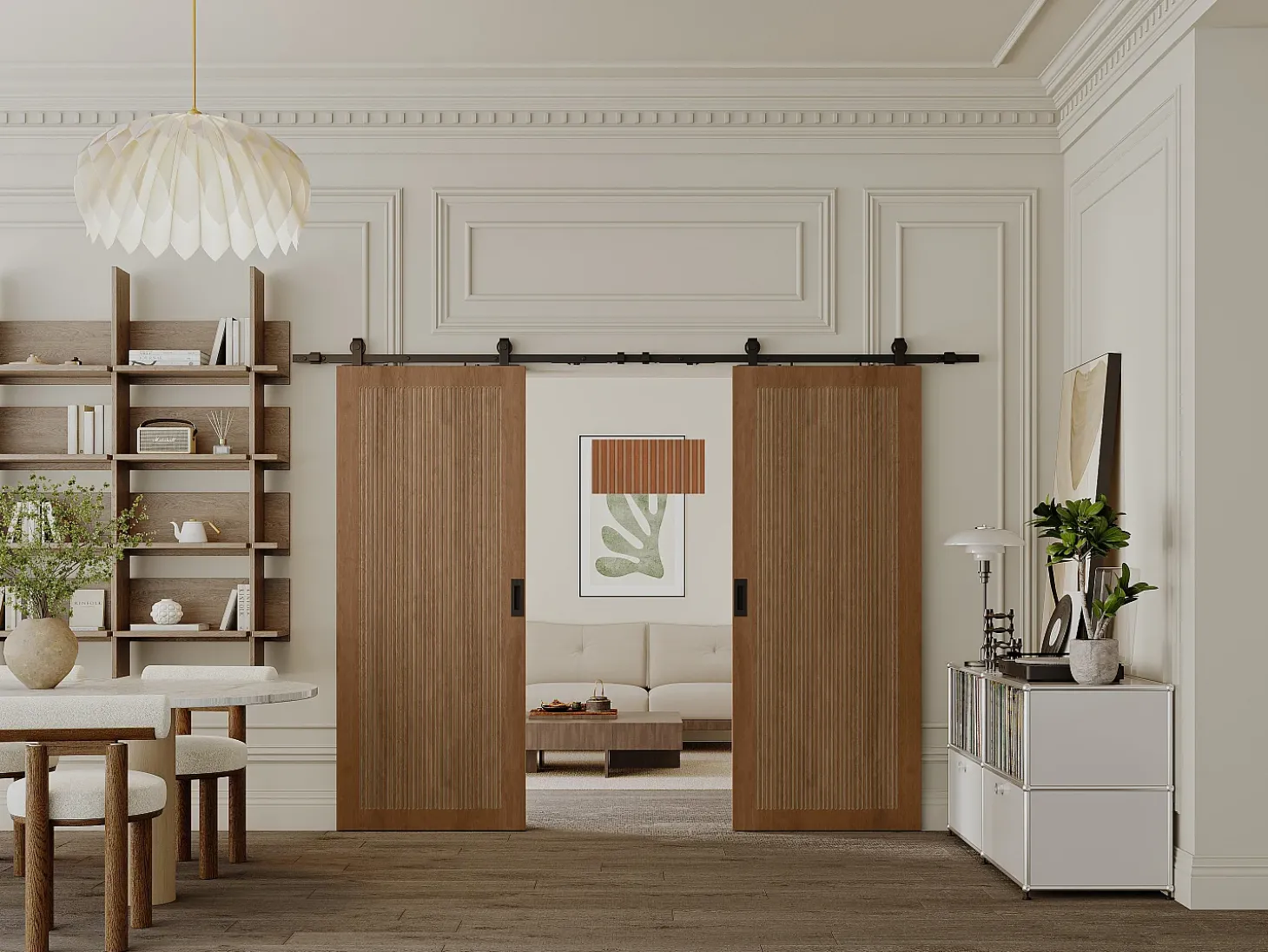 Porta de correr dupla com trilho MDF e madeira natural escuro 2xA205xC73 cm - SANDORA