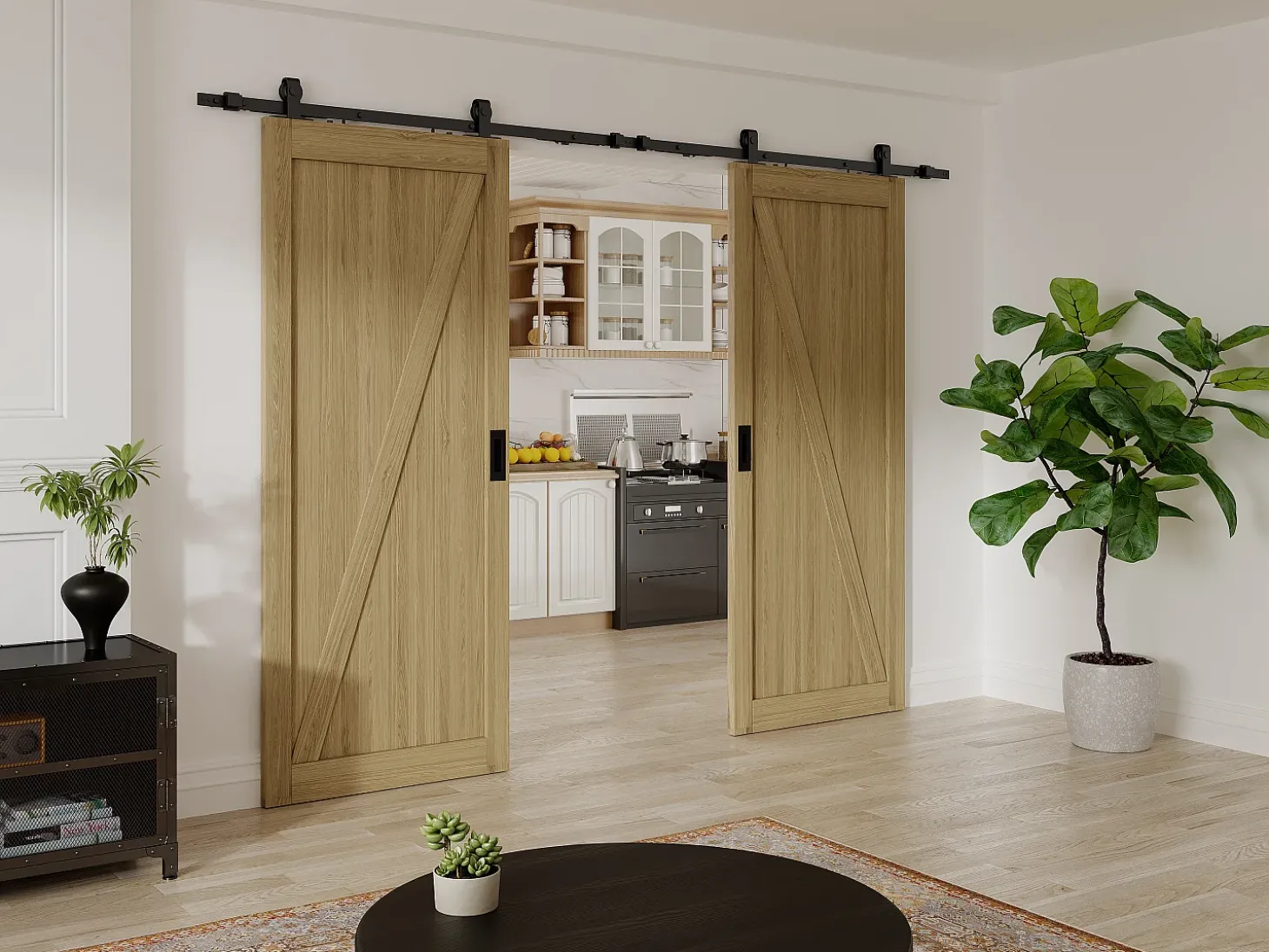 Porta de correr dupla com trilho, madeira, MDF natural claro 2xA205xC63 cm BALERMA
