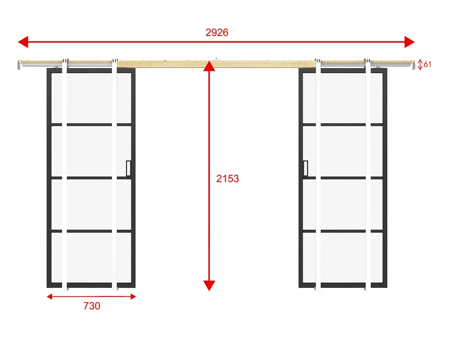Porta de correr dupla com sistema de tabique transparente A205 x C73 cm - SINCA II